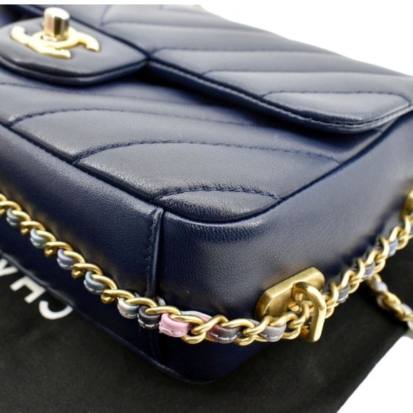 CHANEL  Mini Rectangular Flap Chevron Leather Crossbody Bag Navy Blue - Picture 9 of 12